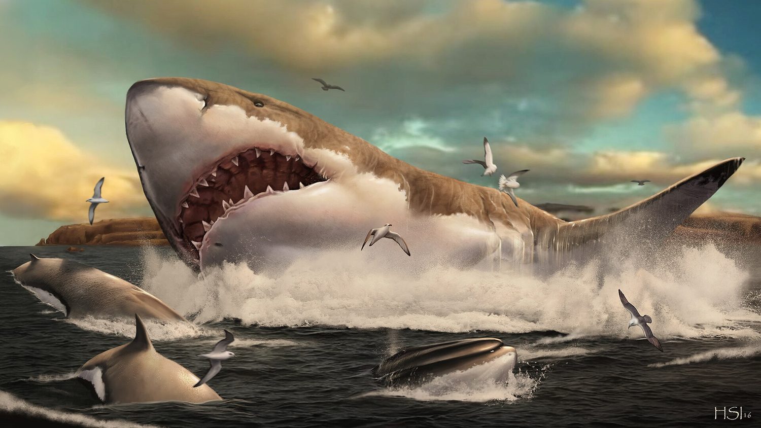 Life restoration of Otodus megalodon lunging from the sea