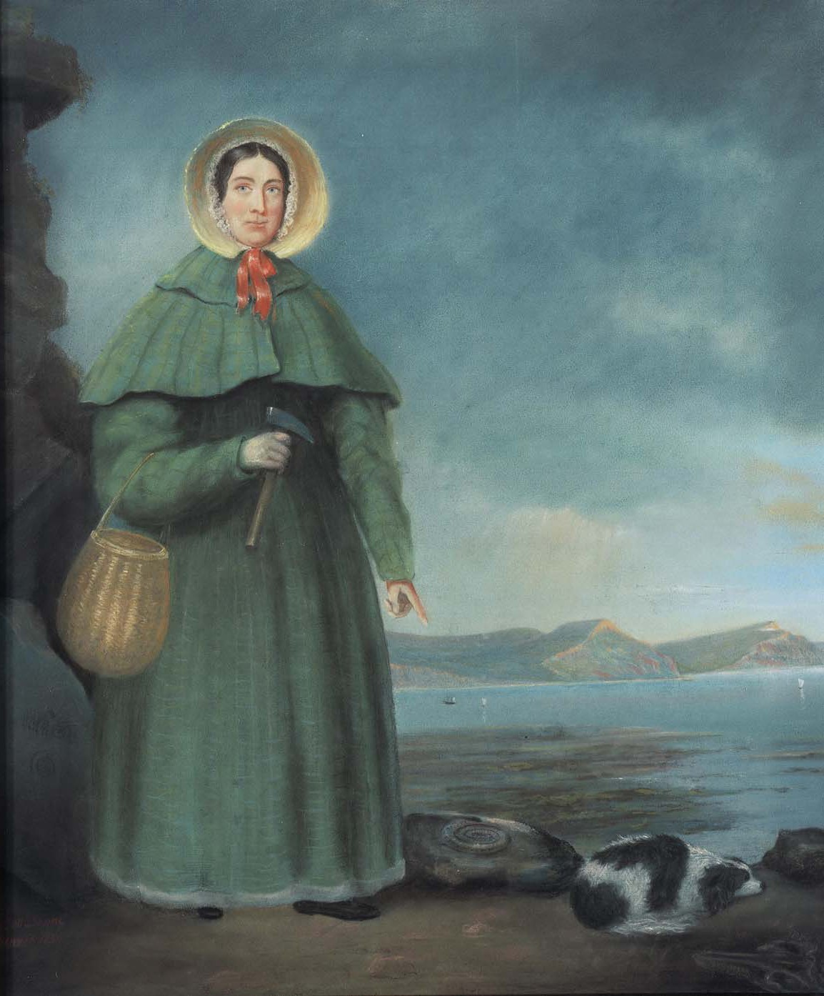 El retrato de 1842 de Mary Anning con su perro Tray, un martillo de geóloga, y los acantilados de Golden Cap detrás