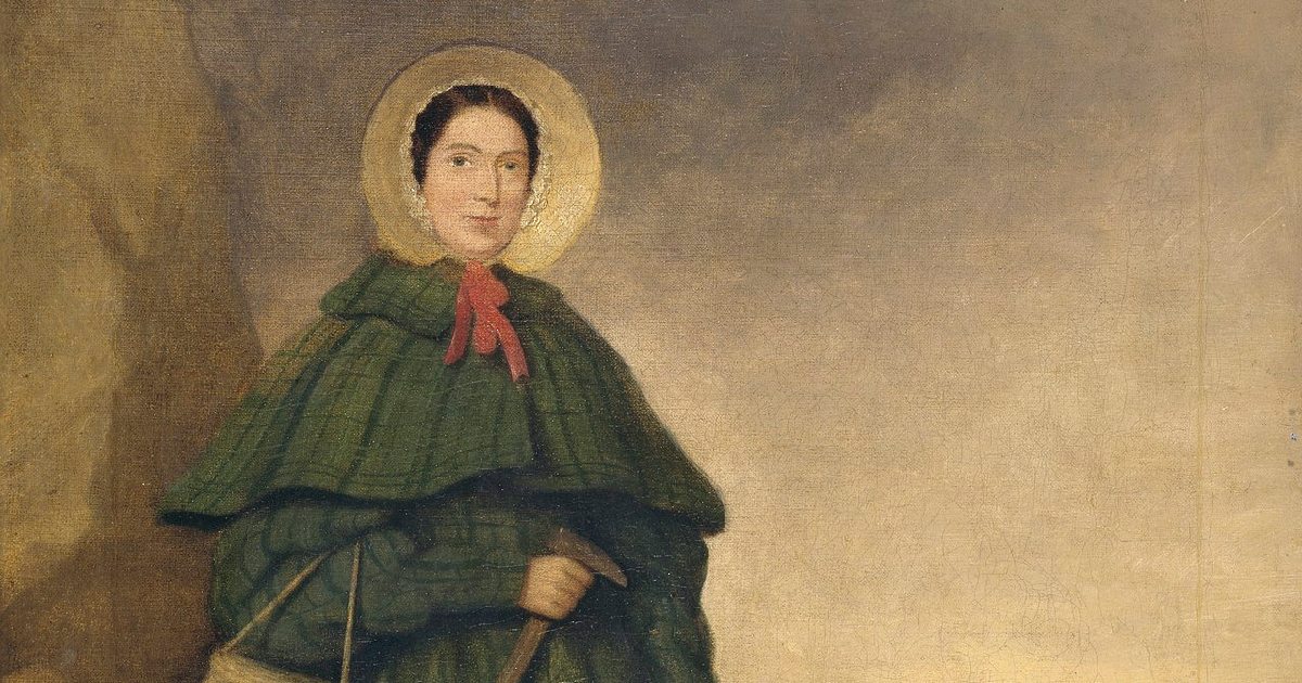 Retrato de la cazadora de fósiles Mary Anning con su perro Tray