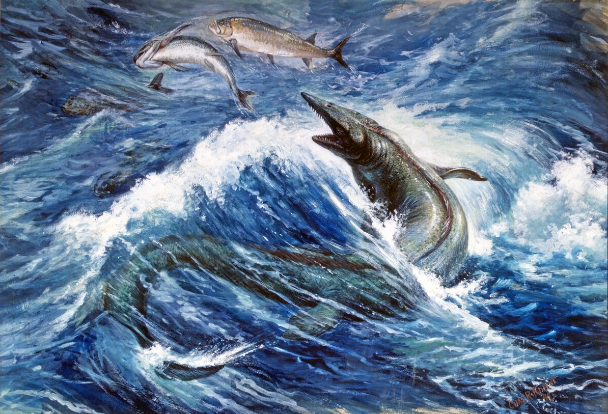 An oil painting of long-bodied marine reptiles in a stormy blue sea, one lunging from a breaking wave with its jaws open