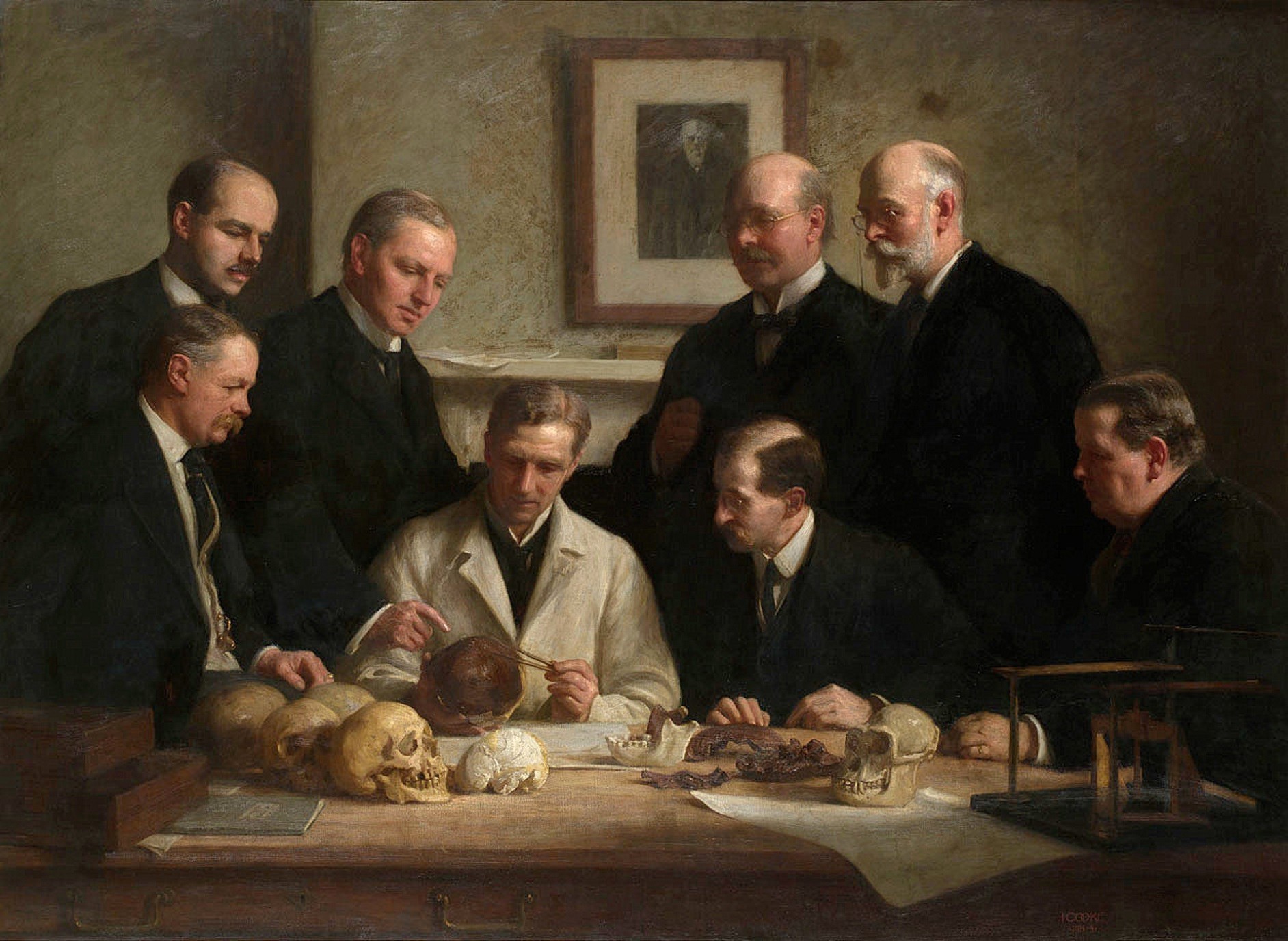 John Cooke's 1915 painting of scientists examining the Piltdown skull, with a portrait of Charles Darwin on the wall
