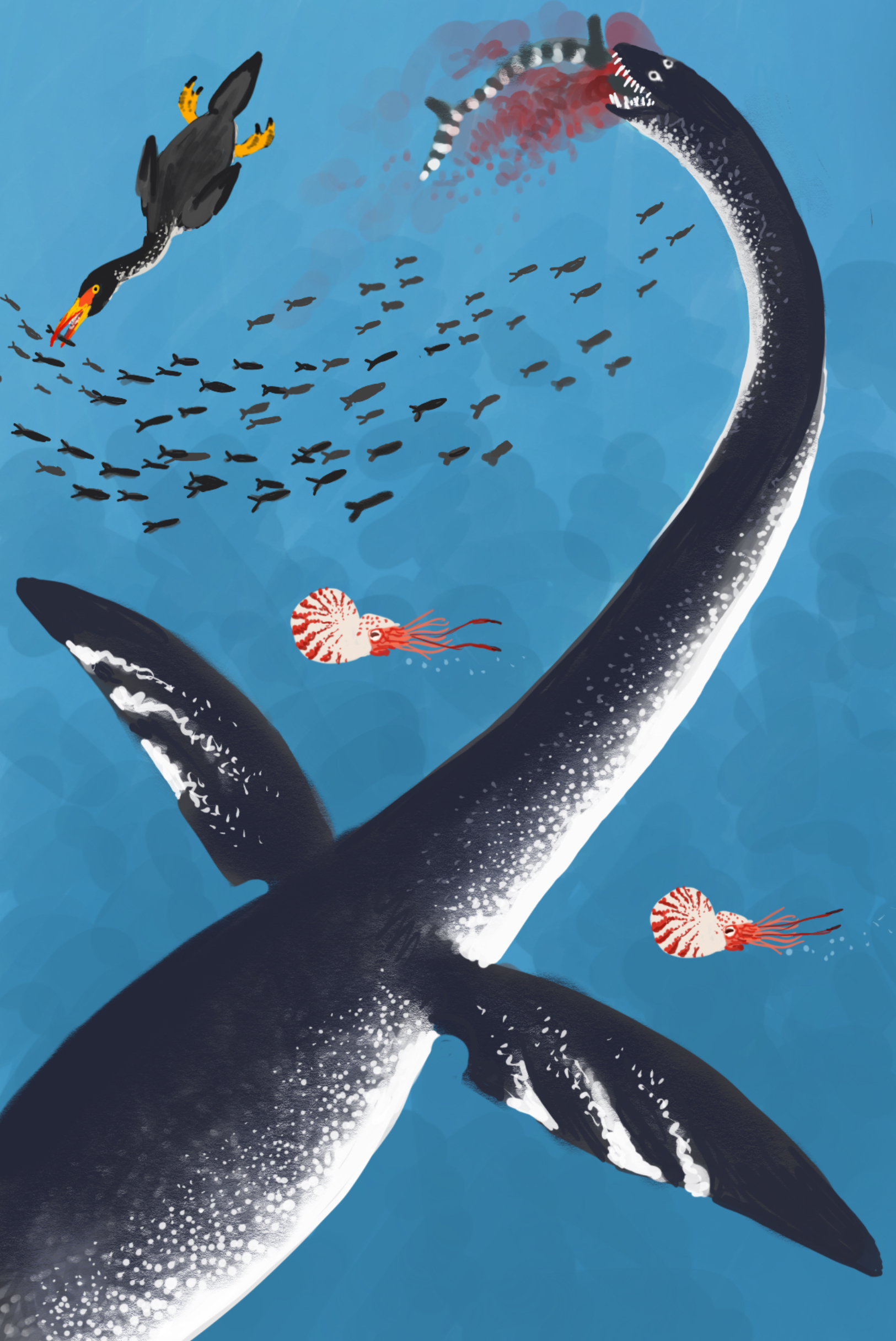 Una pintura del reptil marino de cuello largo Elasmosaurus cazando bajo el agua