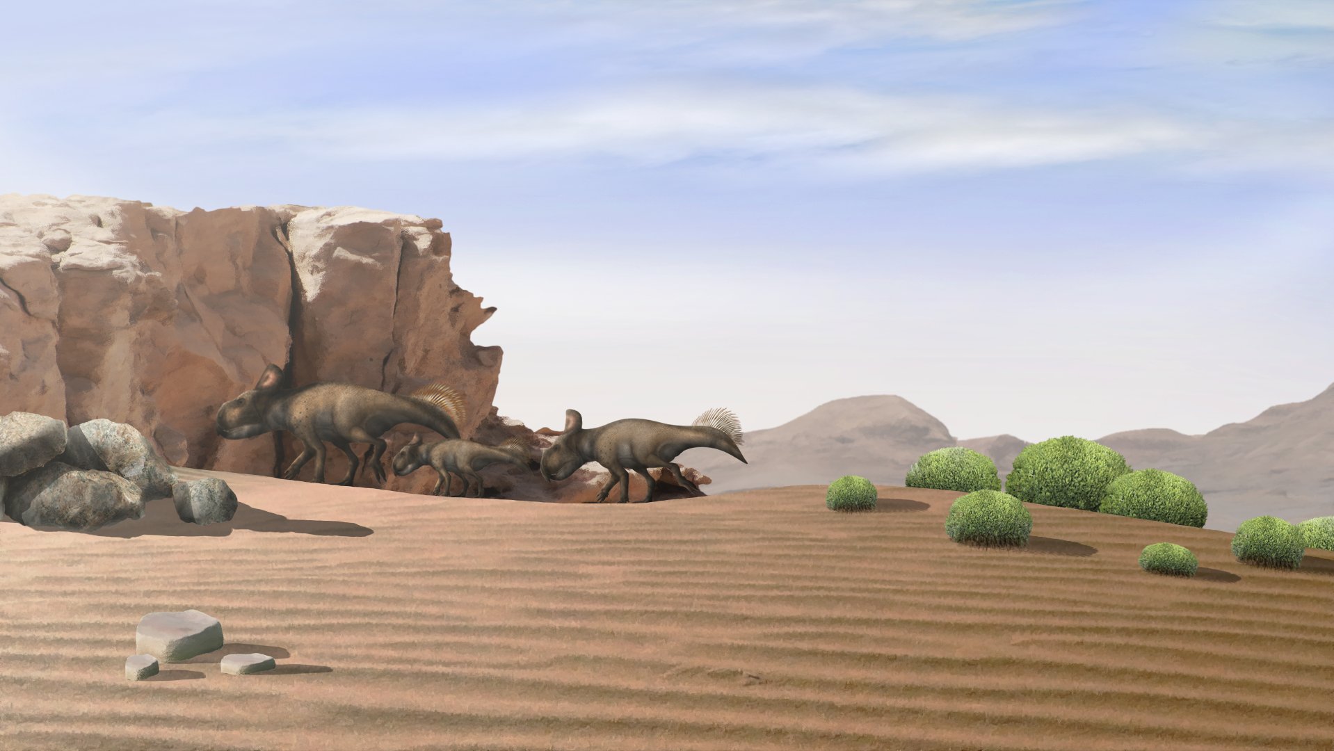 An artist's reconstruction of a desert landscape: a red-brown rock cliff at the left, a bare sand slope ridged by the wind in the foreground, green shrubs on the right, and a group of small four-legged animals with frilled heads resting on the flat ground below the cliff.