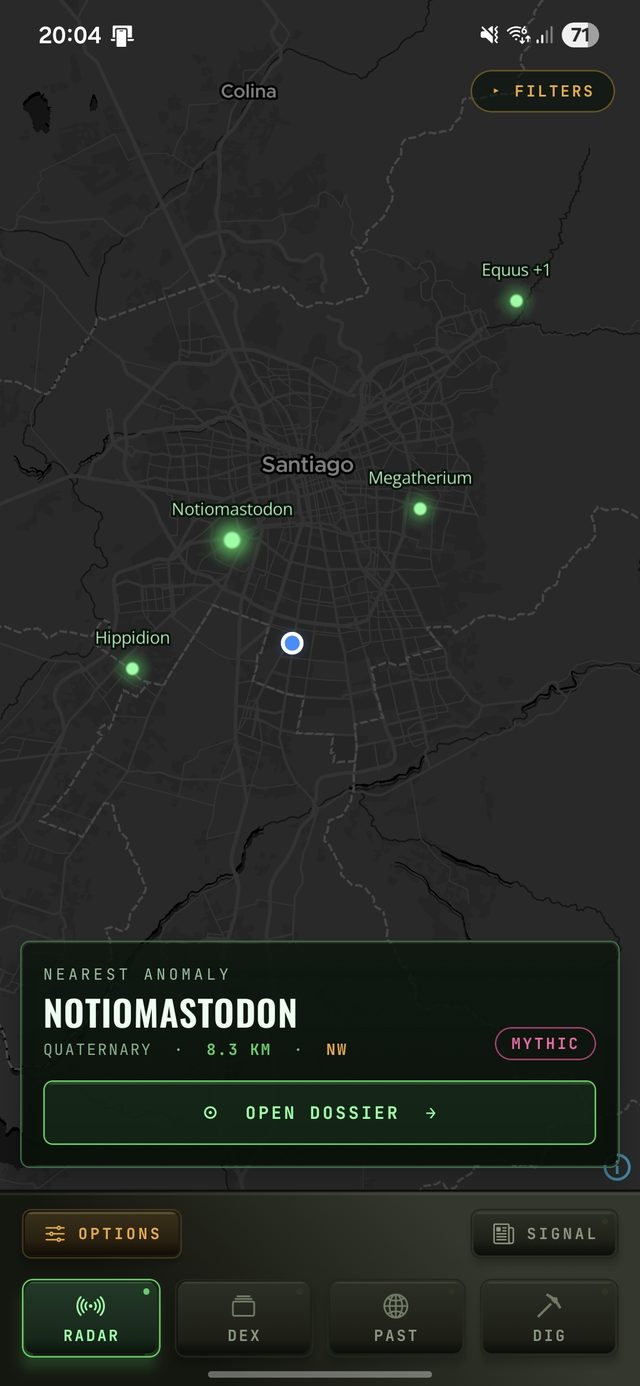 PaleoDex app — fossil radar screen